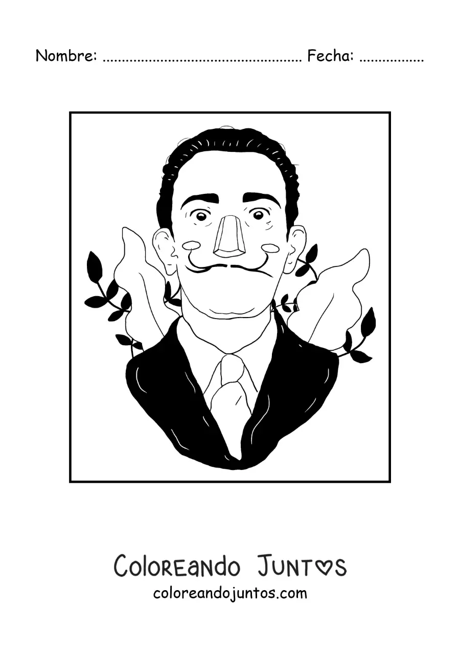Imagen para colorear de un retrato animado de salvador dalí