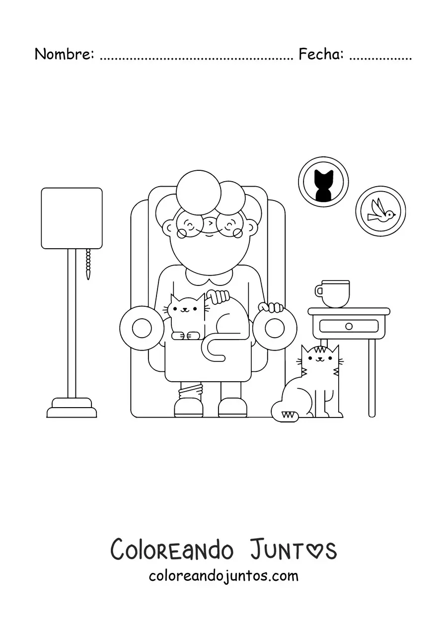 Imagen para colorear de una abuela sentada en una sala con gatos