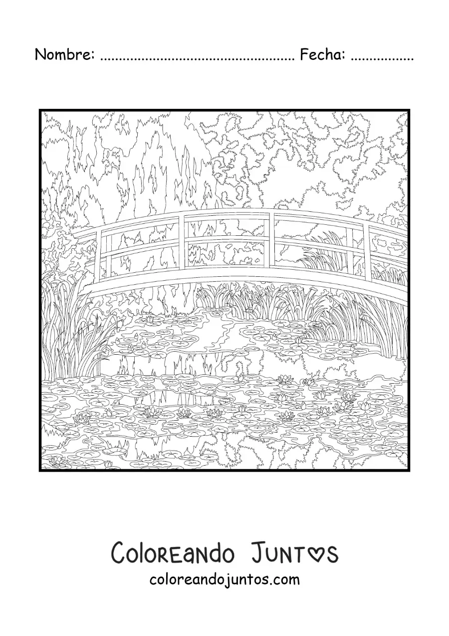 Imagen para colorear de cuadro de Nenúfares de Claude Monet al estilo impresionista