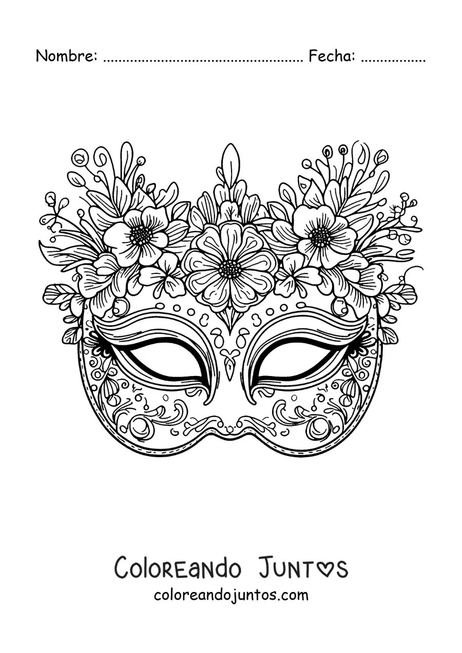 Imagen para colorear de antifaz de carnaval con flores