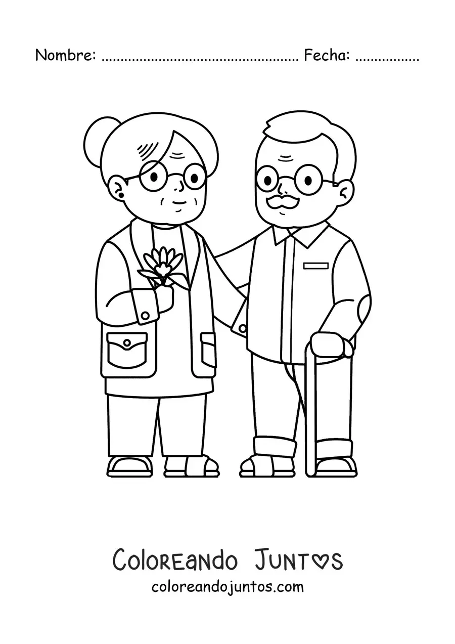 Imagen para colorear de una abuela junto a un abuelo con bastón
