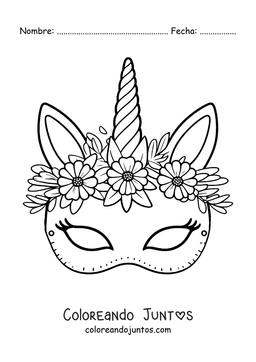 Imagen para colorear de antifaz de unicornio para niñas