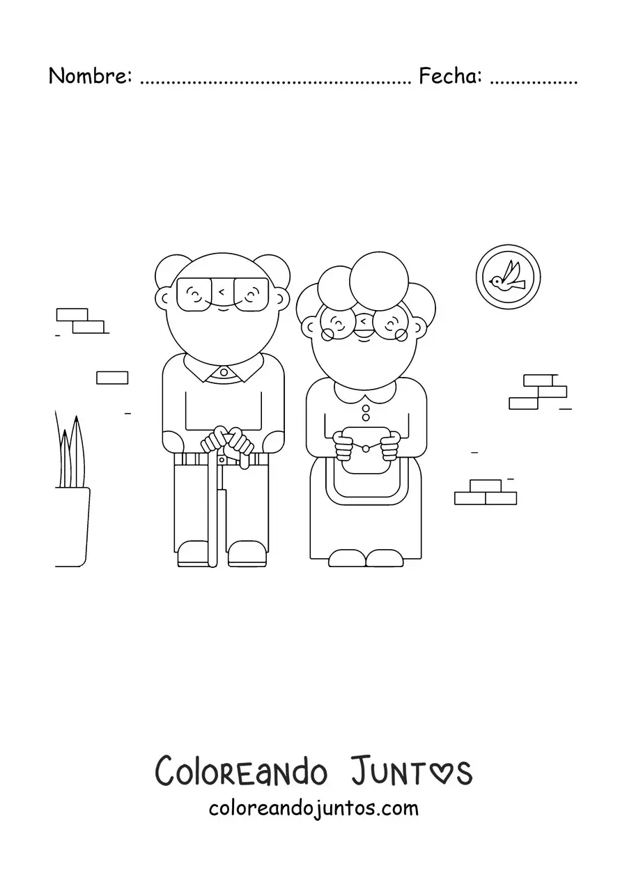 Imagen para colorear de una abuelita junto a un abuelito