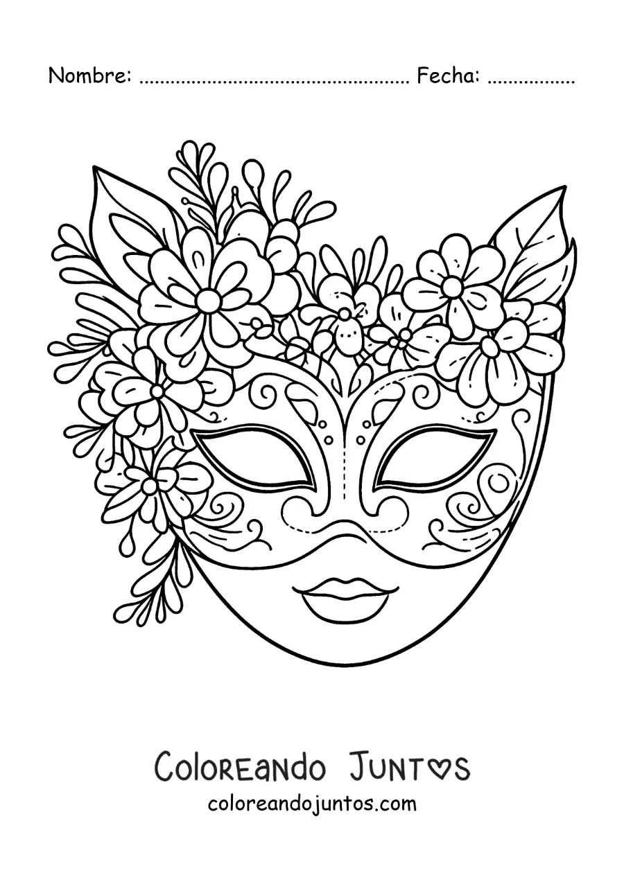 Imagen para colorear de antifaz con flores para niñas