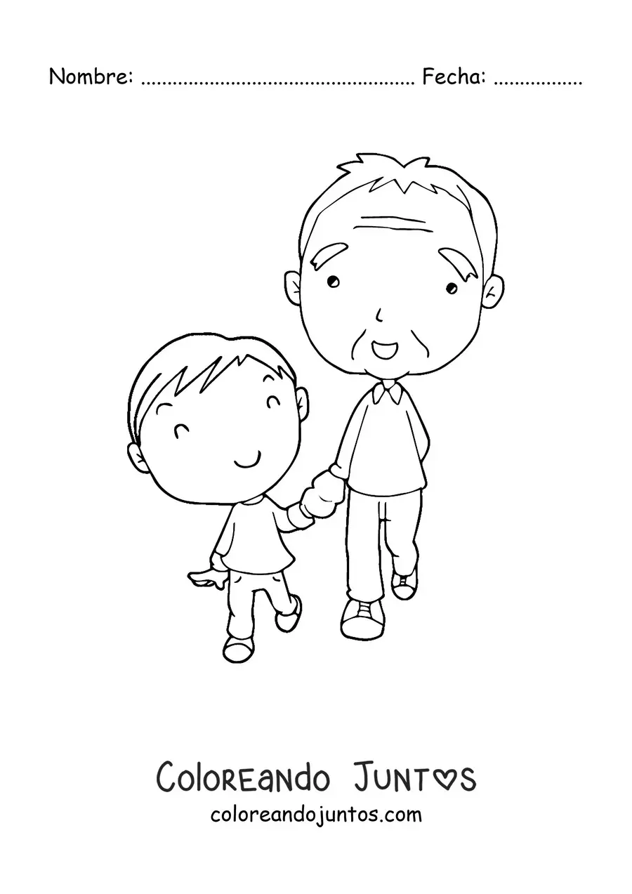 Imagen para colorear de un abuelo kawaii de pie junto a su nieto