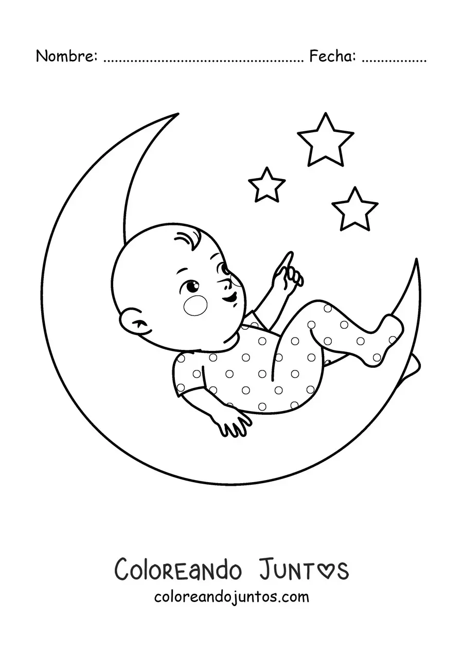 Imagen para colorear de un bebé acostado sobre la Luna mirando las estrellas