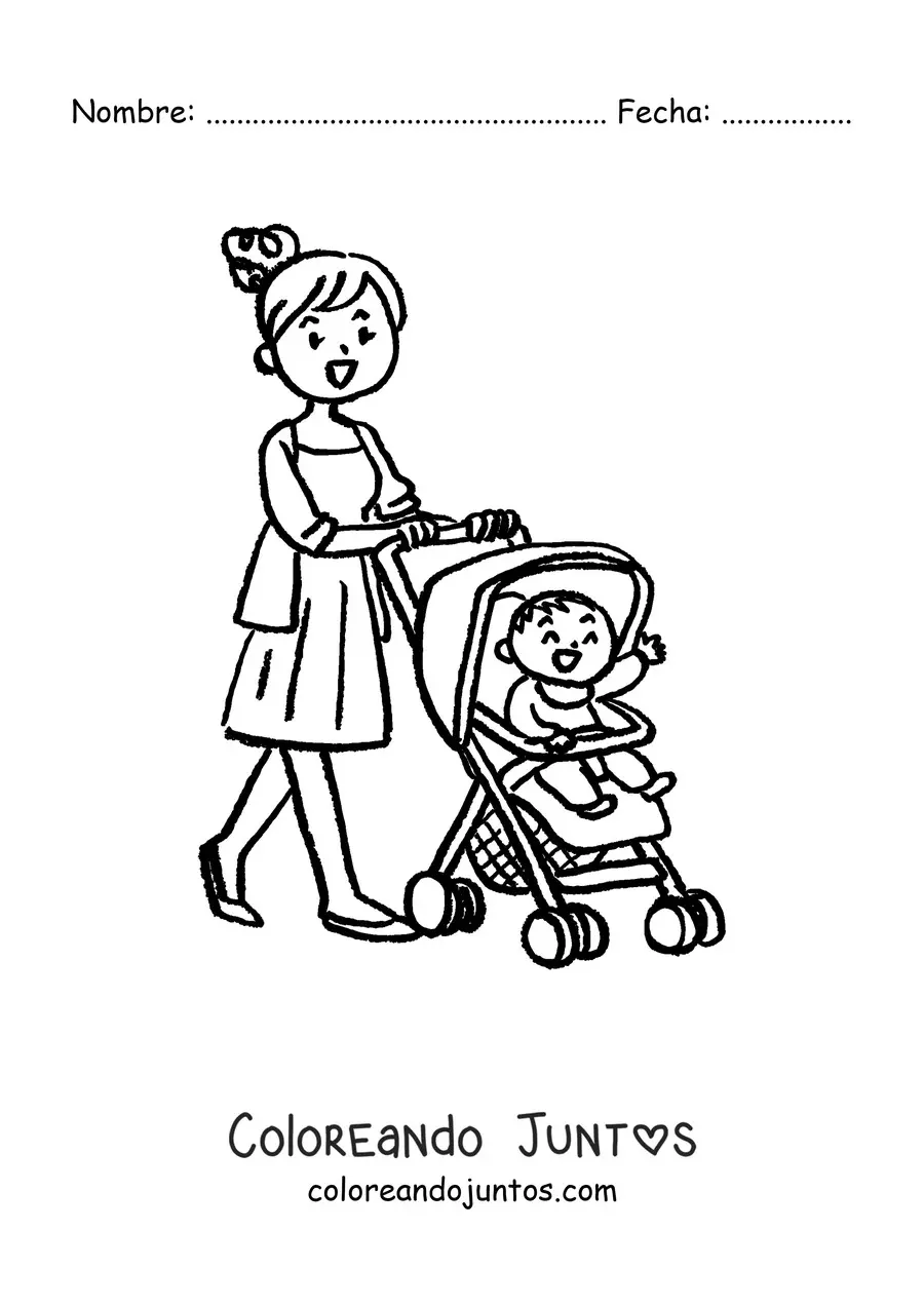 Imagen para colorear de una mamá paseando a su bebé en un cochecito