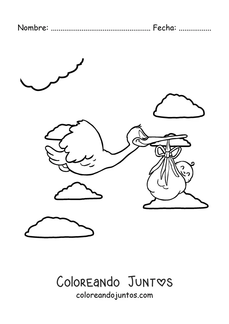 Imagen para colorear de una cigüeña volando cargando a un bebé recién nacido