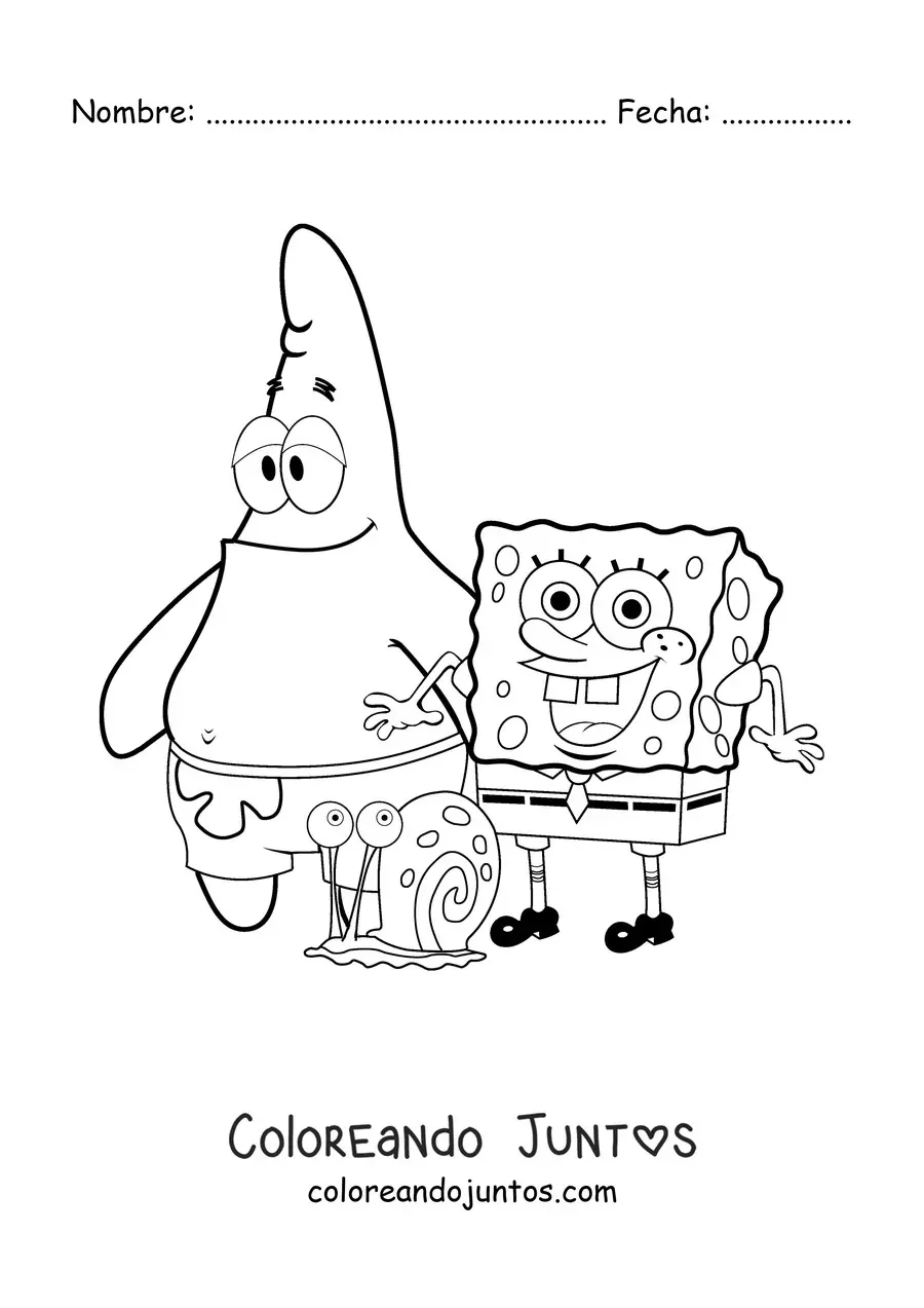 Imagen para colorear de Bob Esponja feliz junto a Patricio y Gary