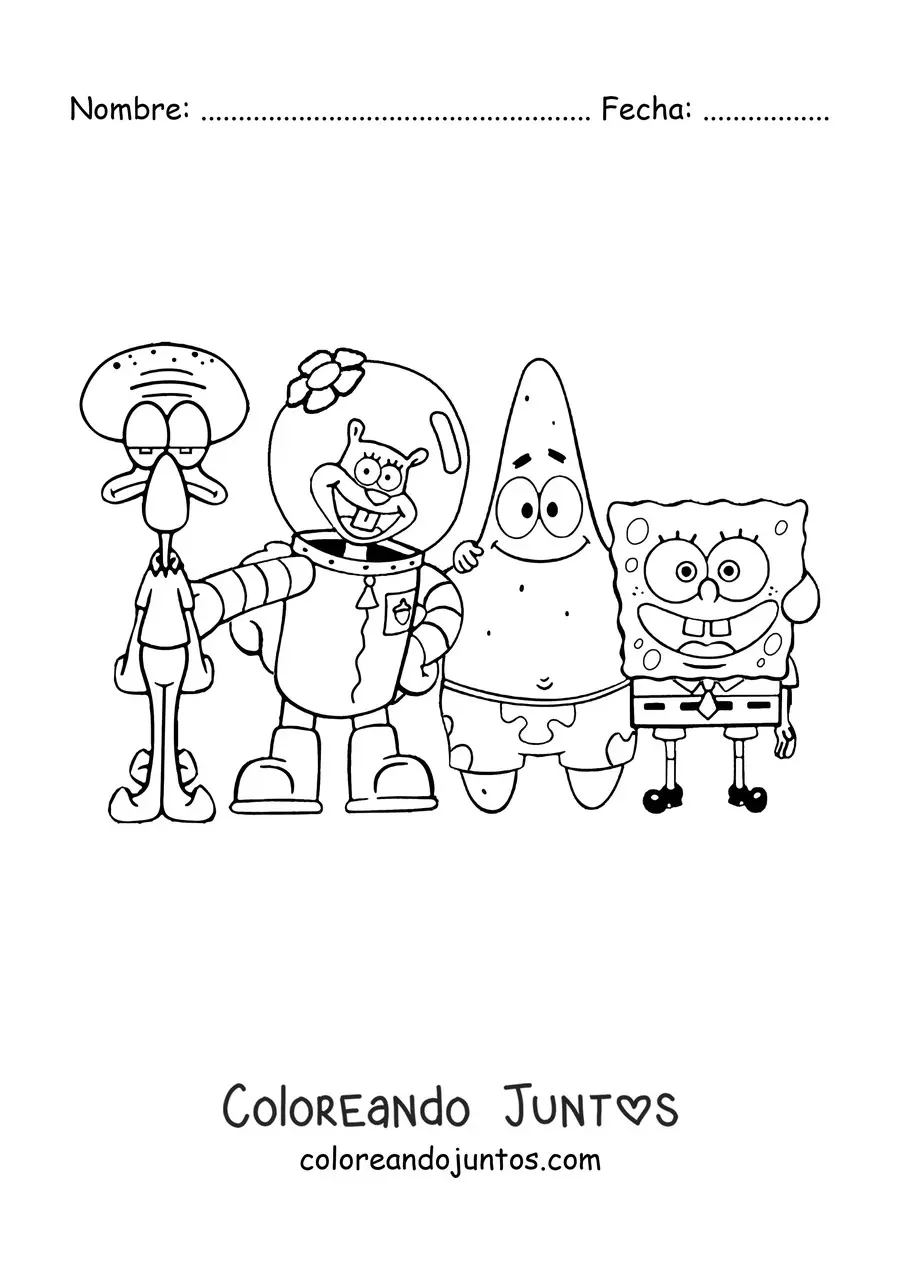 Imagen para colorear de Bob Esponja posando junto a sus amigos