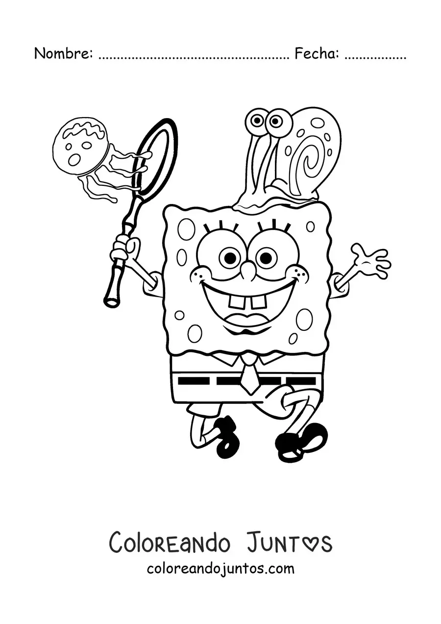 Imagen para colorear de Bob Esponja cazando medusas con Gary en la cabeza