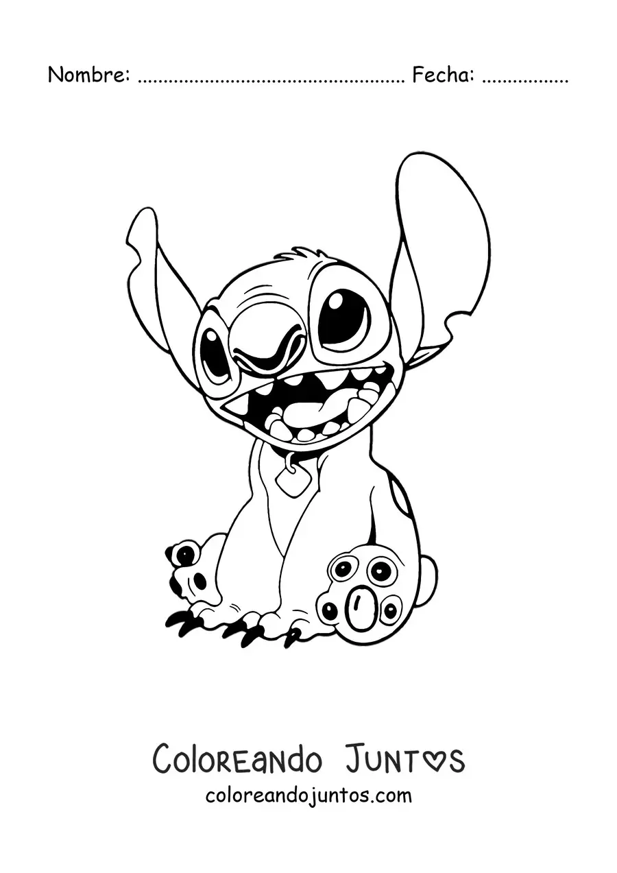 Imagen para colorear de Stitch sentado sonriendo usando un collar de mascota