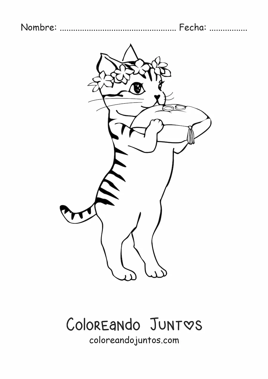 Imagen para colorear de un gato animado con corona de flores llevando anillos de boda en un cojín