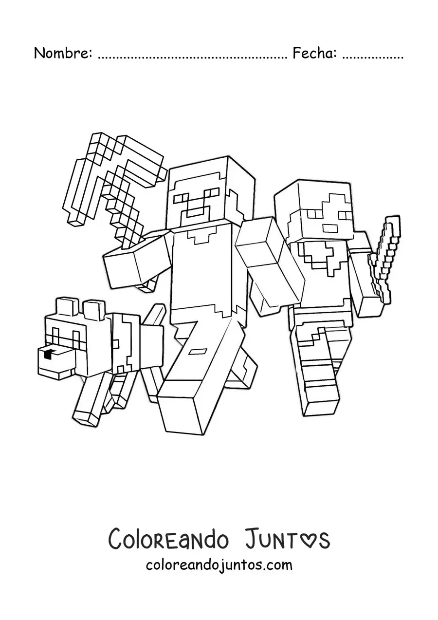 Imagen para colorear de Alex y Steve de Minecraft caminando junto a un perro