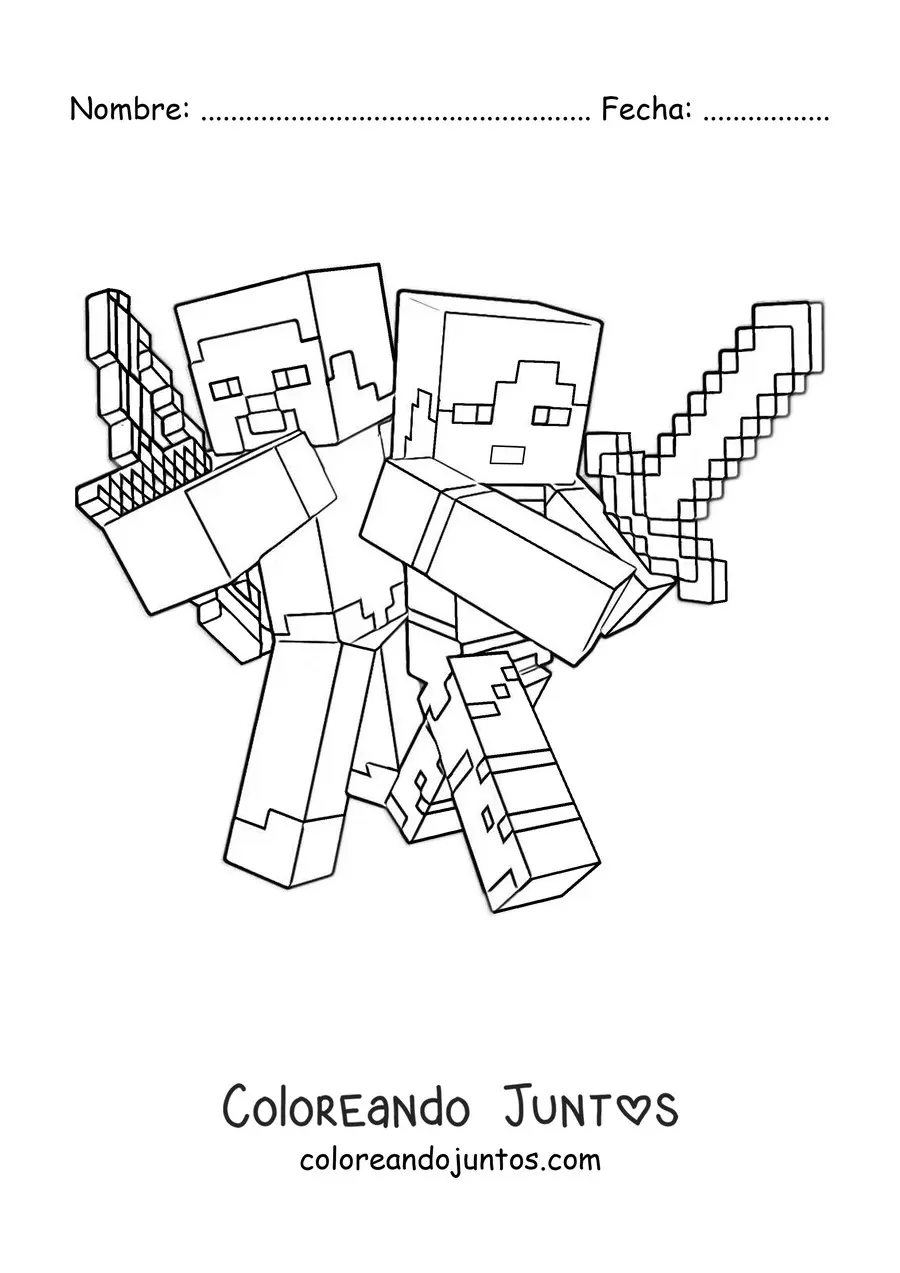 Imagen para colorear de Alex y Steve de Minecraft luchando juntos