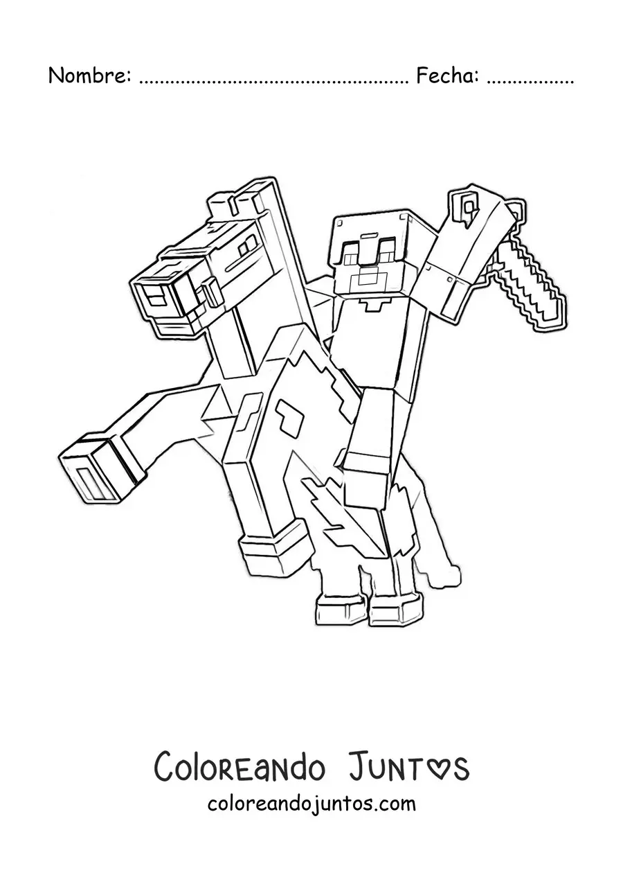 Imagen para colorear de Steve sobre un caballo de Minecraft