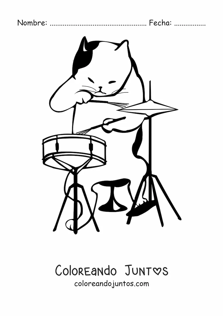 Imagen para colorear de un gato animado tocando la batería