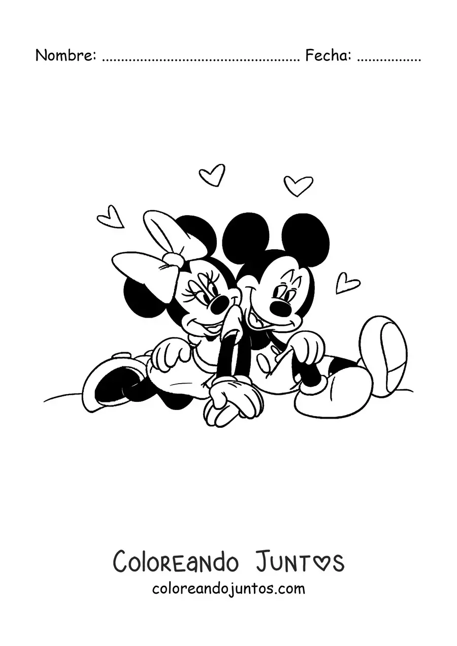 Imagen para colorear de Mickey y Minnie sentados juntos rodeados de corazones