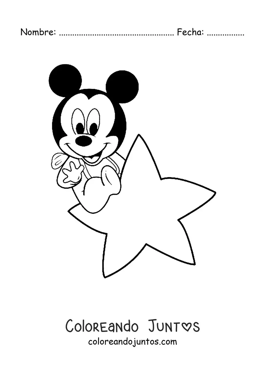 Imagen para colorear de Mickey bebé sentado sobre una estrella