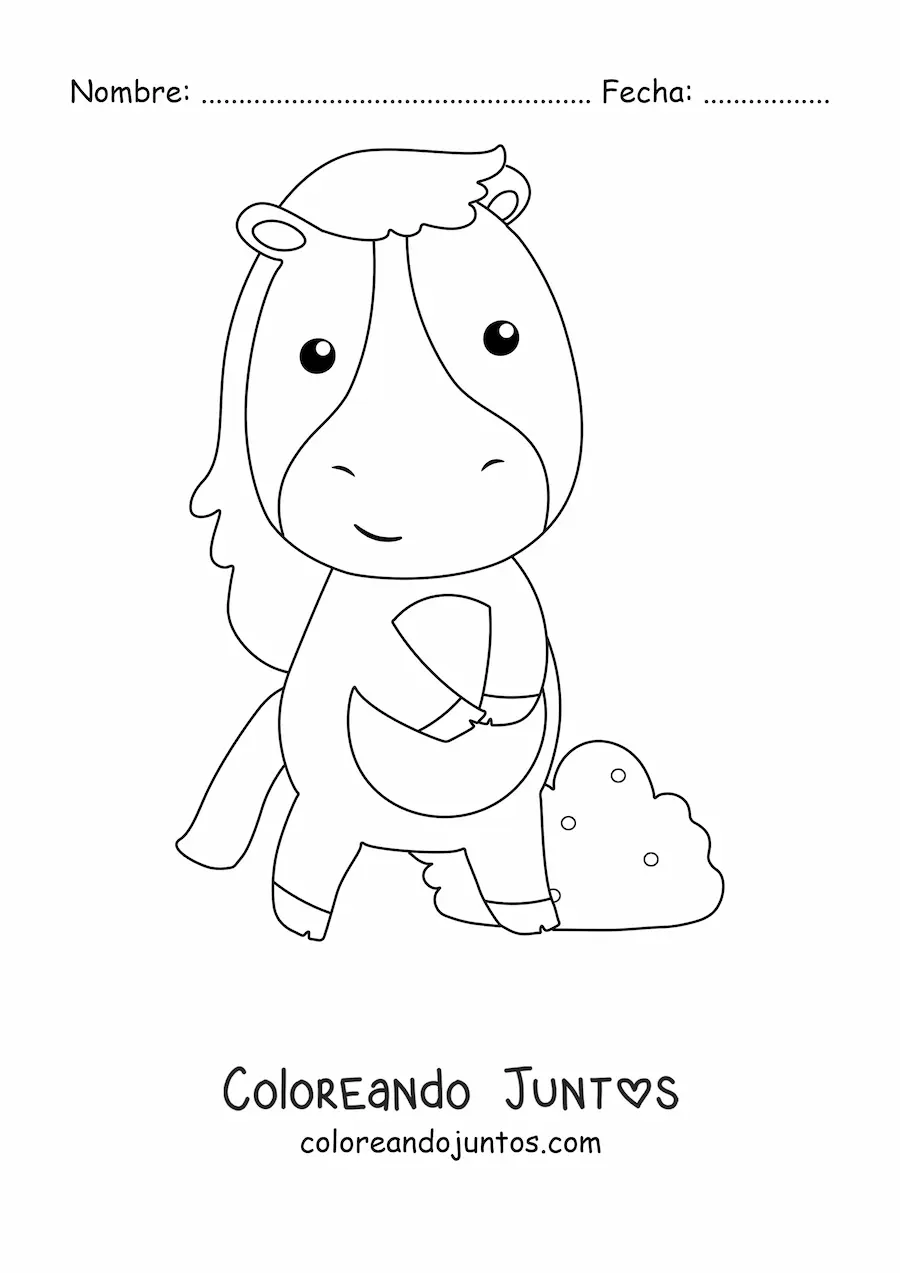 Imagen para colorear de un caballo kawaii animado con arbusto de fondo