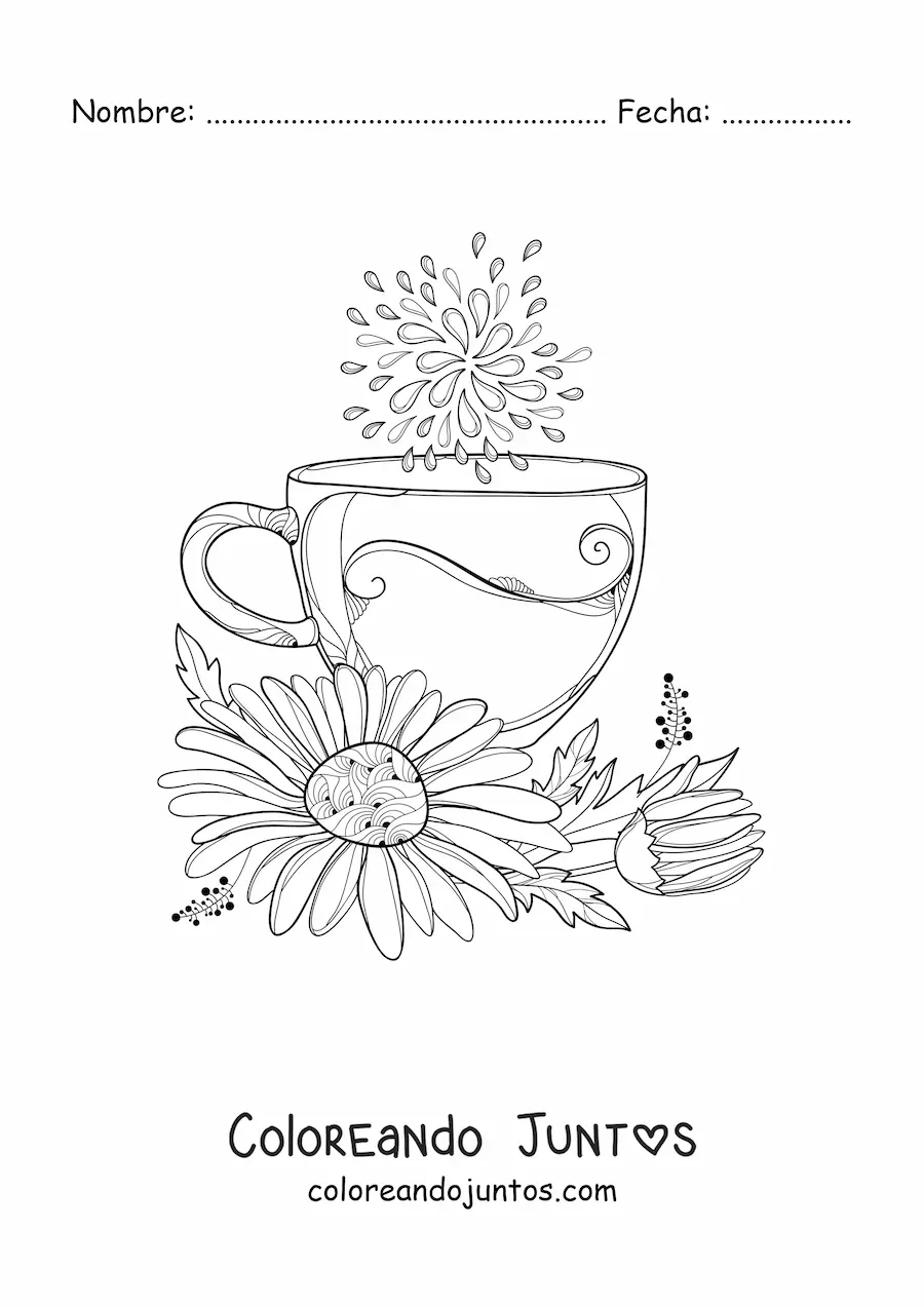 Imagen para colorear de una taza de té con una margarita