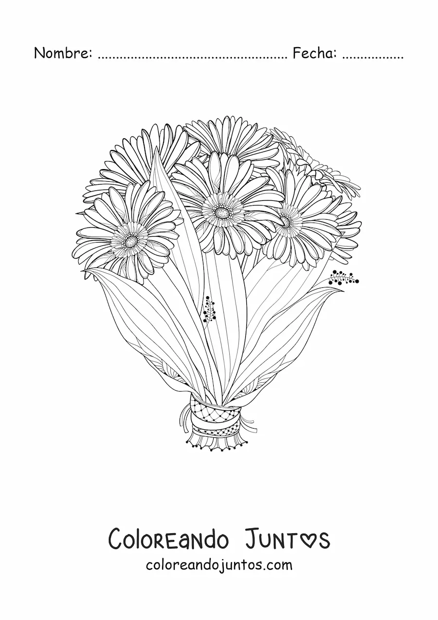 Imagen para colorear de un ramo de margaritas con hojas