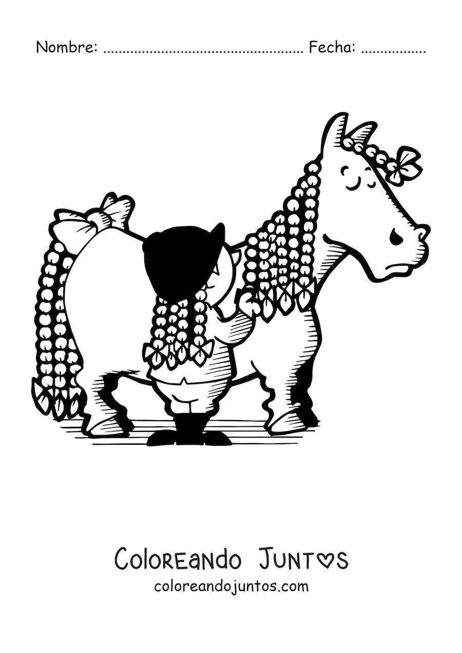 Imagen para colorear de una niña con trenzas peinando la crin larga de un caballo con trenzas