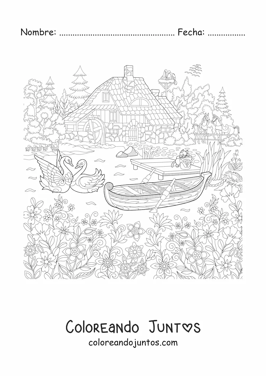 Imagen para colorear de una casa en el bosque con un lago con cisnes