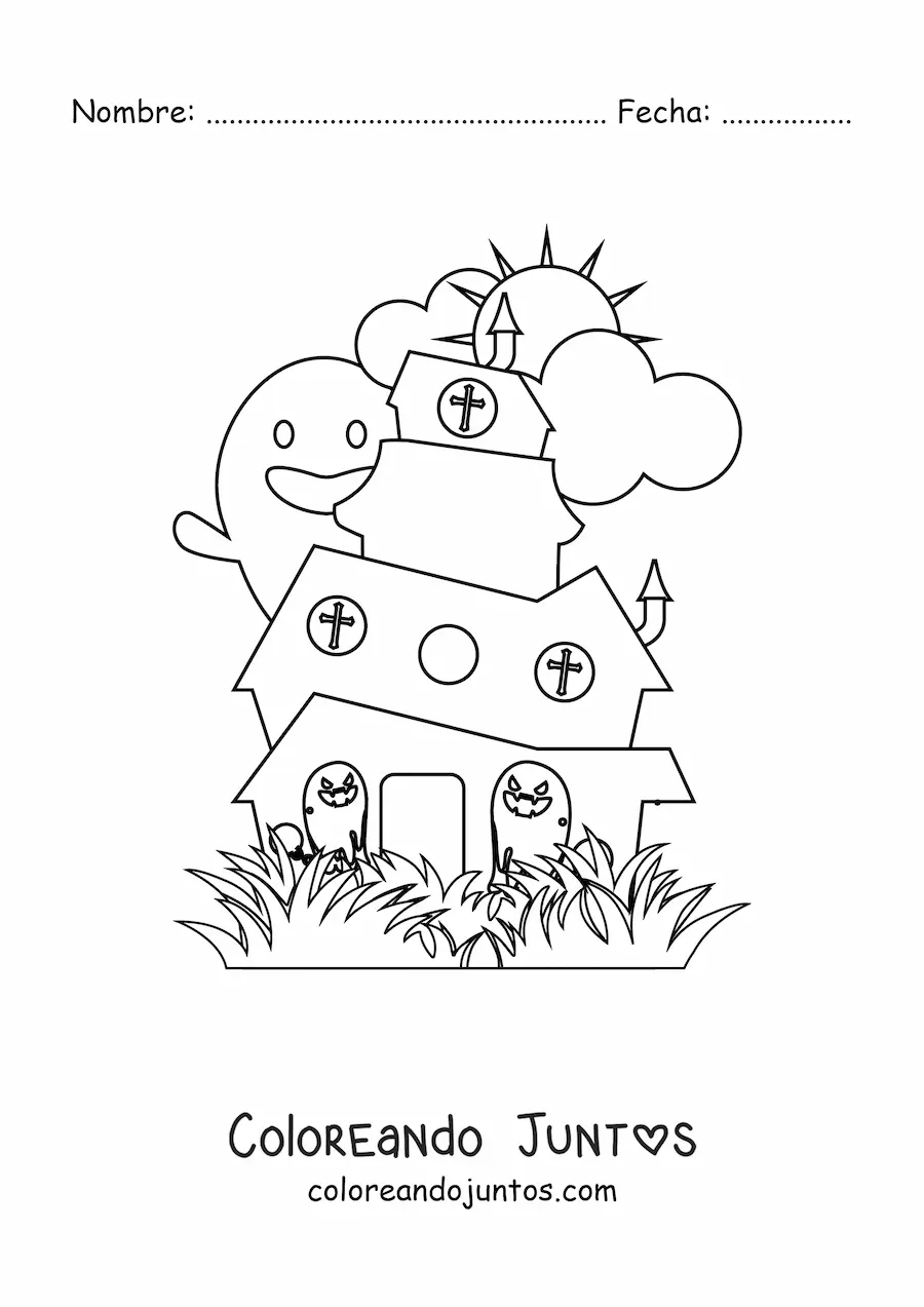 Imagen para colorear de una casa de terror con fantasmas