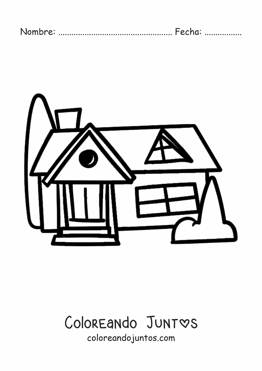 Imagen para colorear de una casa sencilla con arbustos