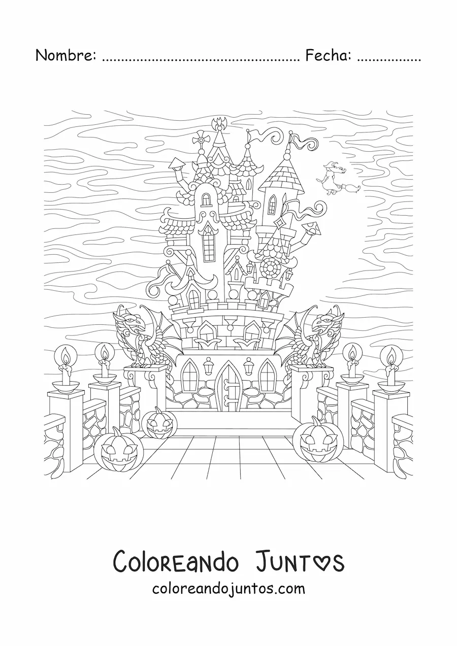 Imagen para colorear de un castillo embrujado con brujas y fantasmas