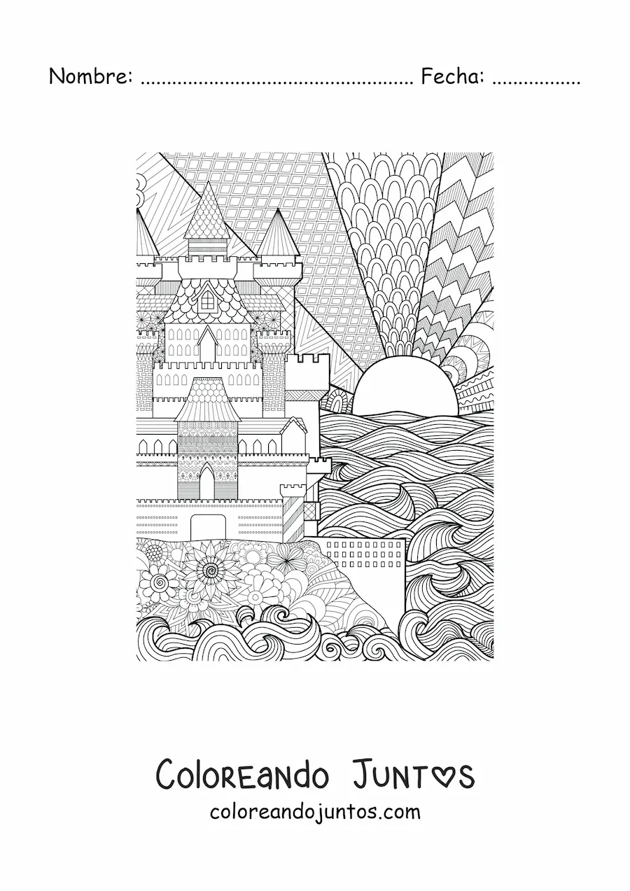 Imagen para colorear de un castillo dibujado con diseño geométrico