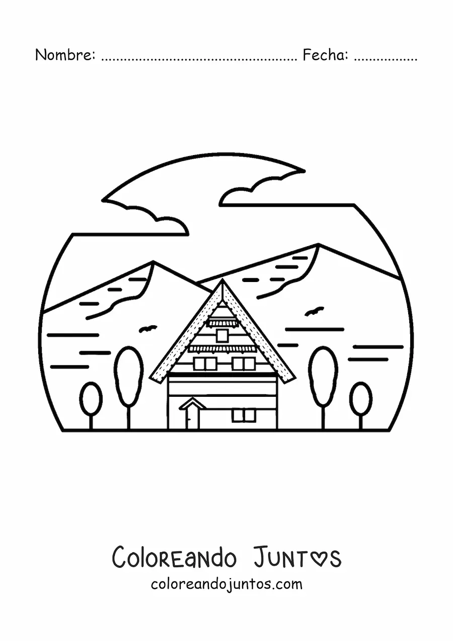 Imagen para colorear de una cabaña rodeada de montañas