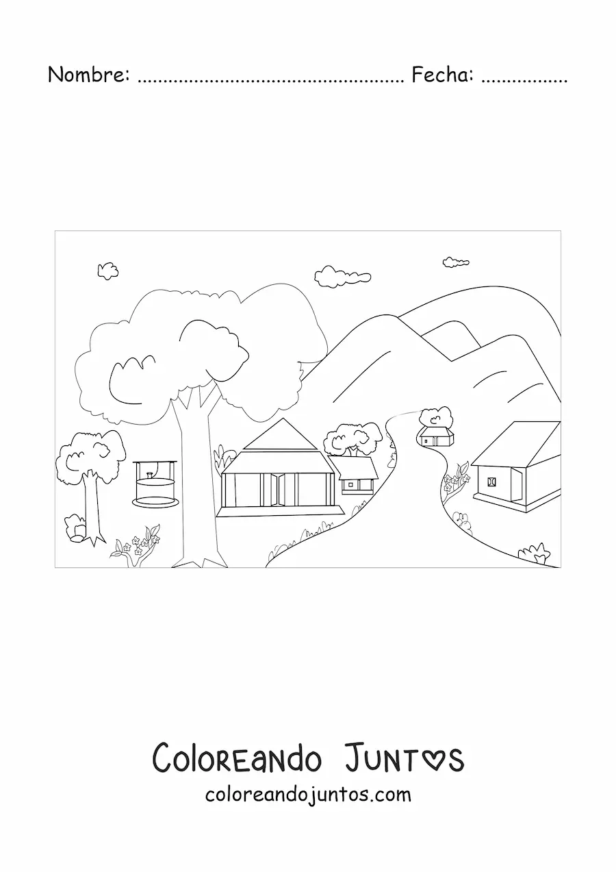Imagen para colorear de un paisaje con varias cabañas