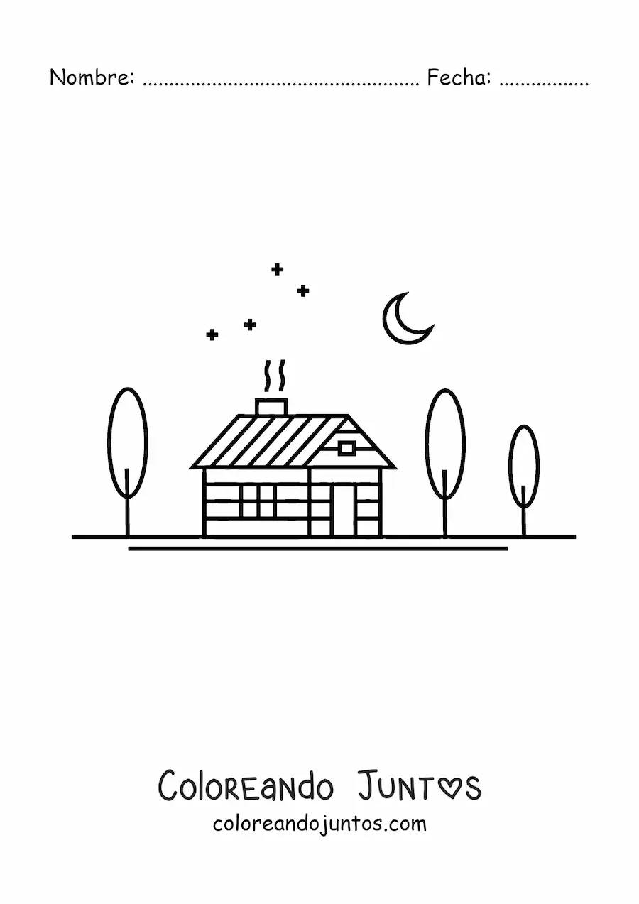 Imagen para colorear de un cabaña en un bosque de noche