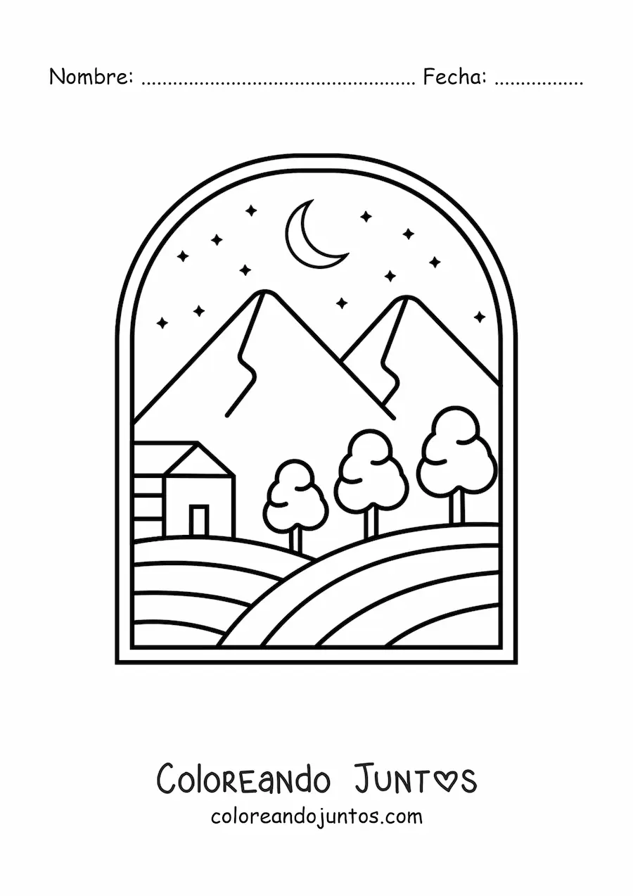 Imagen para colorear de un paisaje de bosque con una cabaña