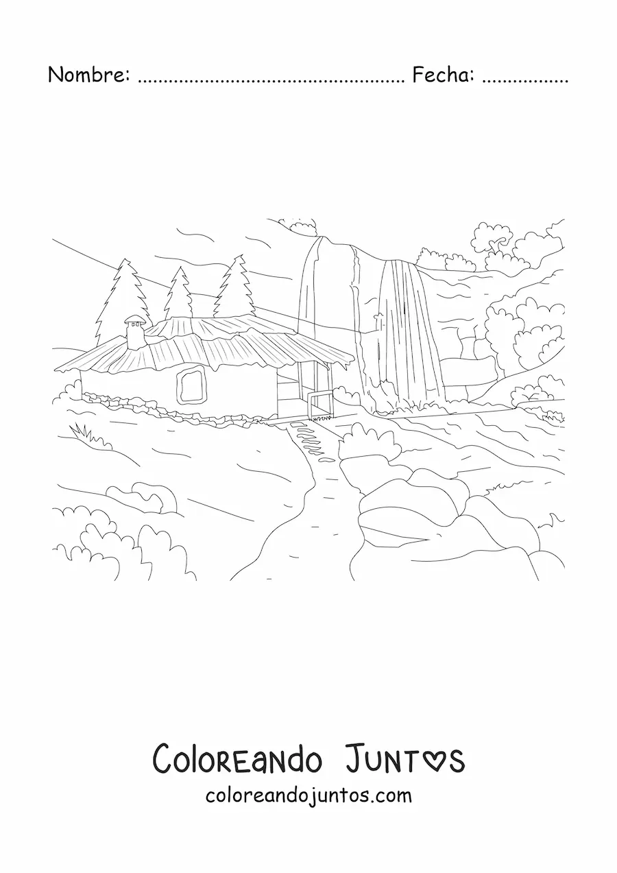 Imagen para colorear de una choza en medio de un bosque
