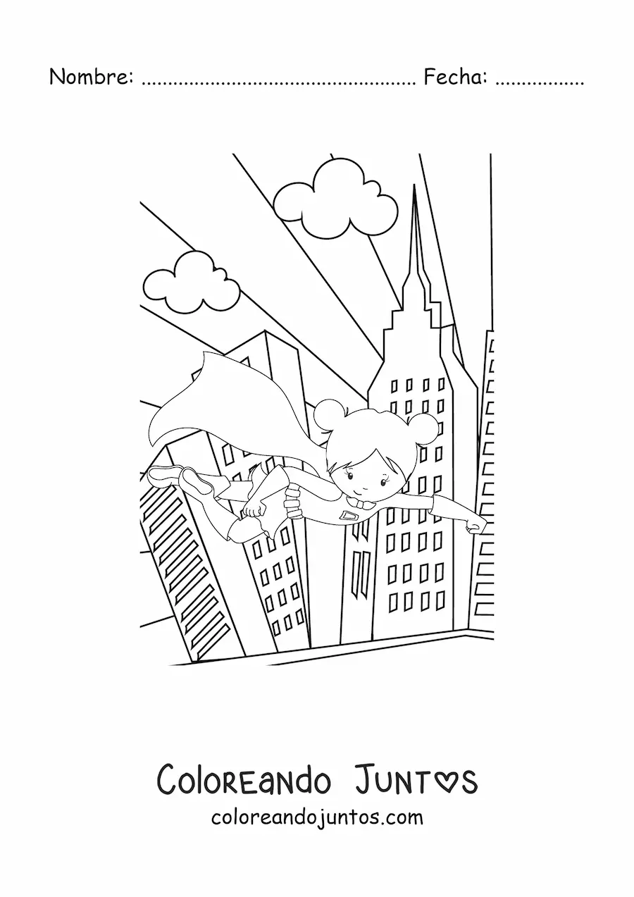 Imagen para colorear de una niña superheroína volando en una ciudad con rascacielos