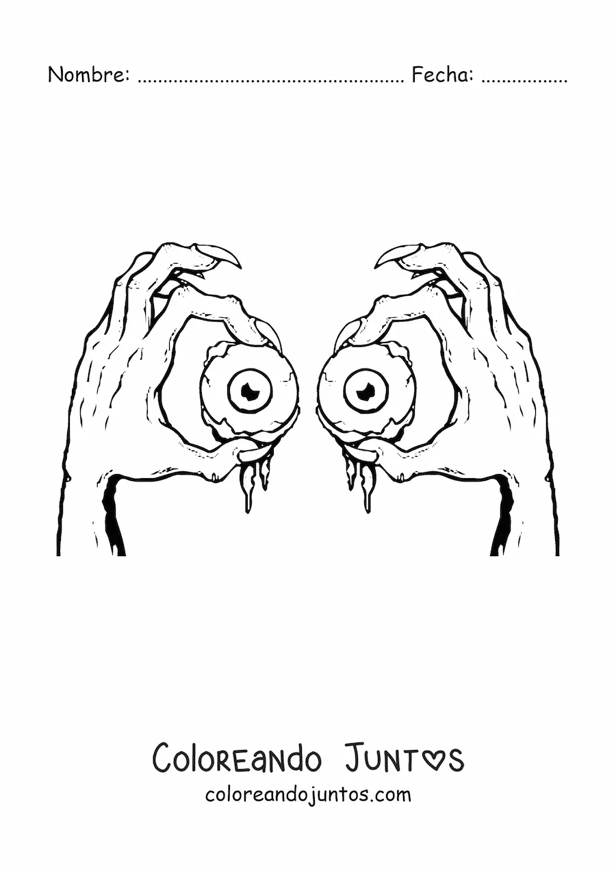 Imagen para colorear de 2 manos tenebrosas sosteniendo globos oculares