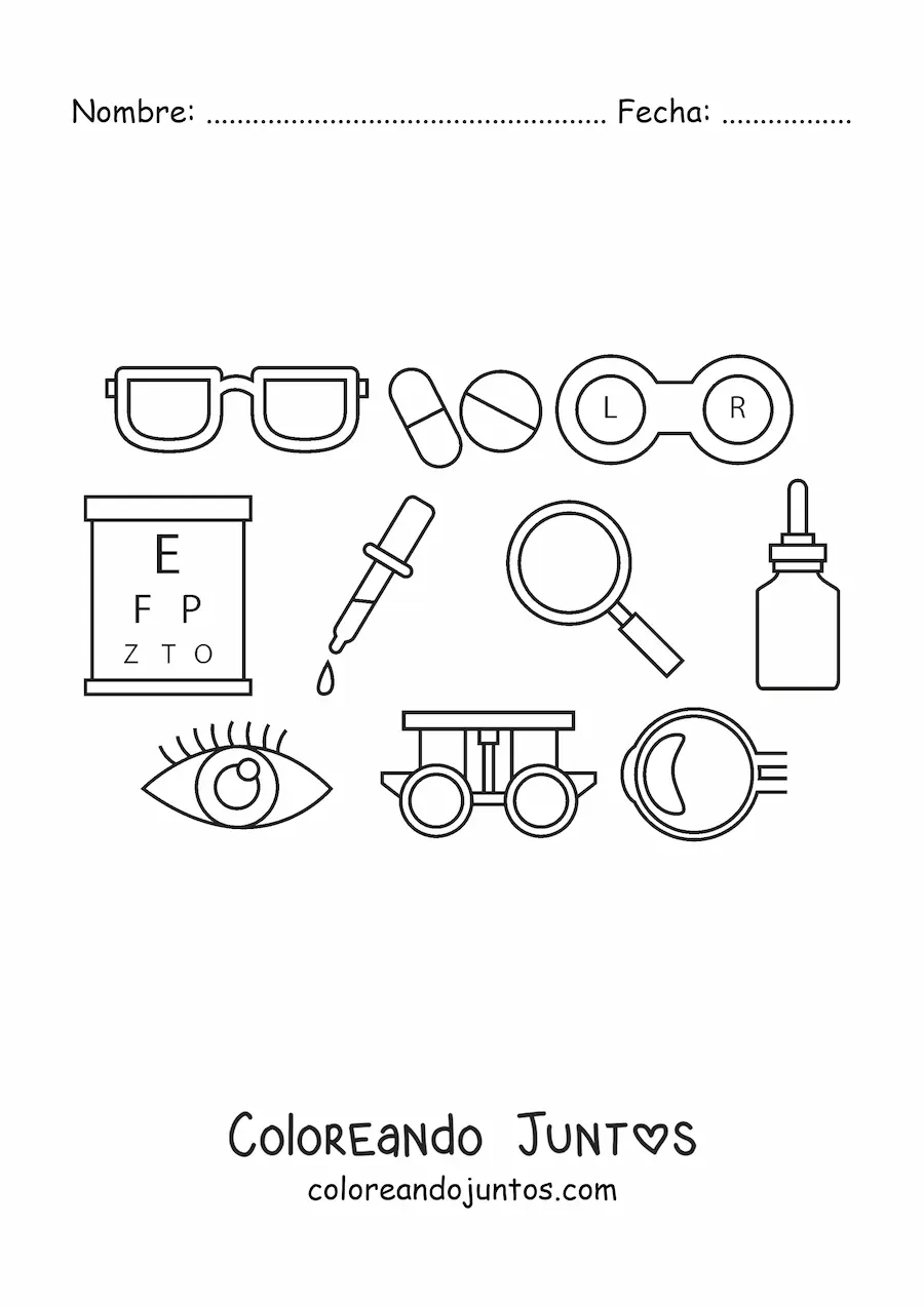 Imagen para colorear de diferentes elementos de oftalmología