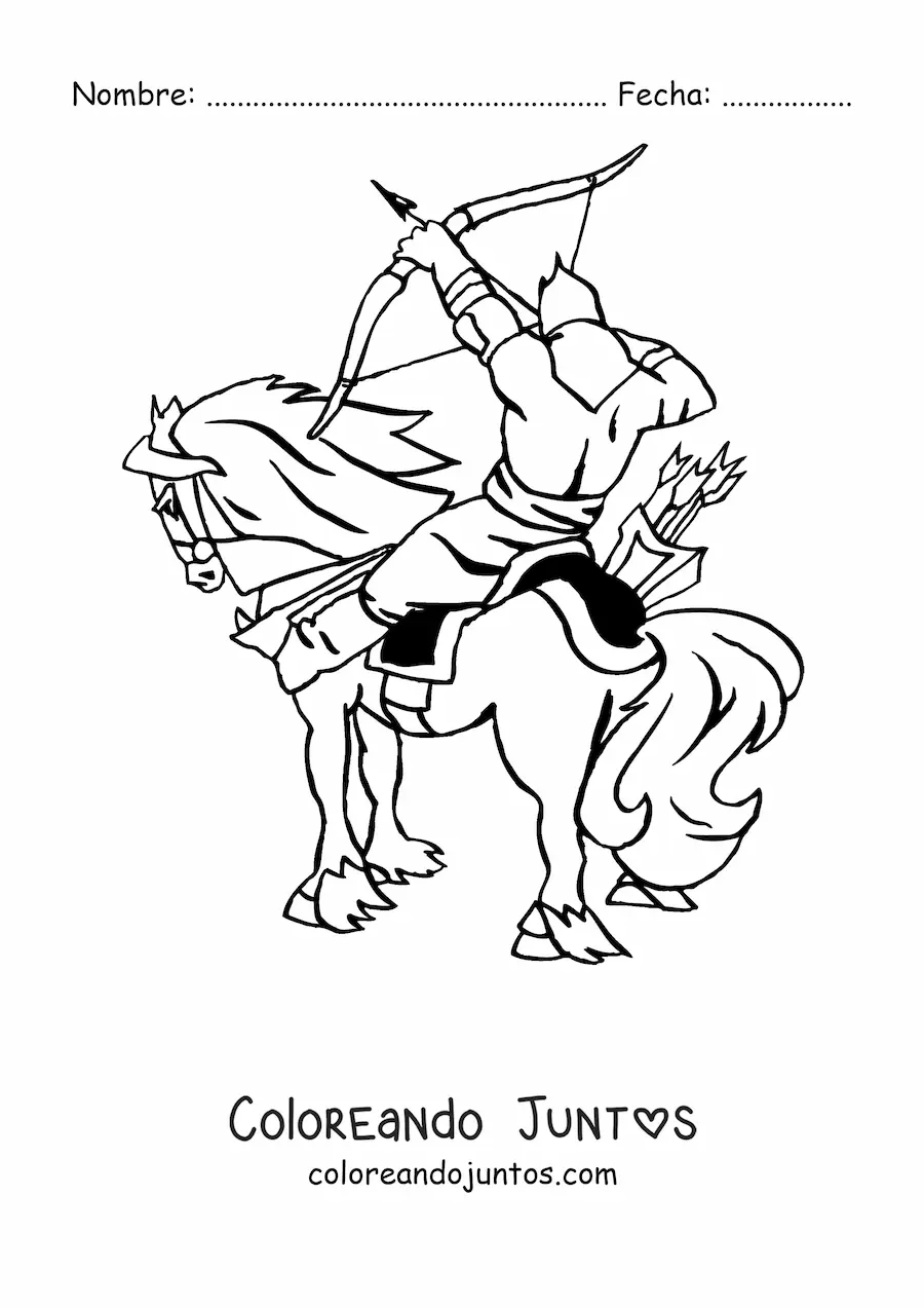 Imagen para colorear de un arquero sobre un caballo disparando una flecha