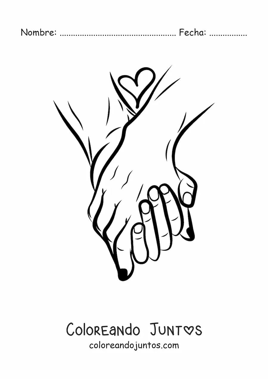 Imagen para colorear de un par de manos de pareja entrelazadas con un corazón