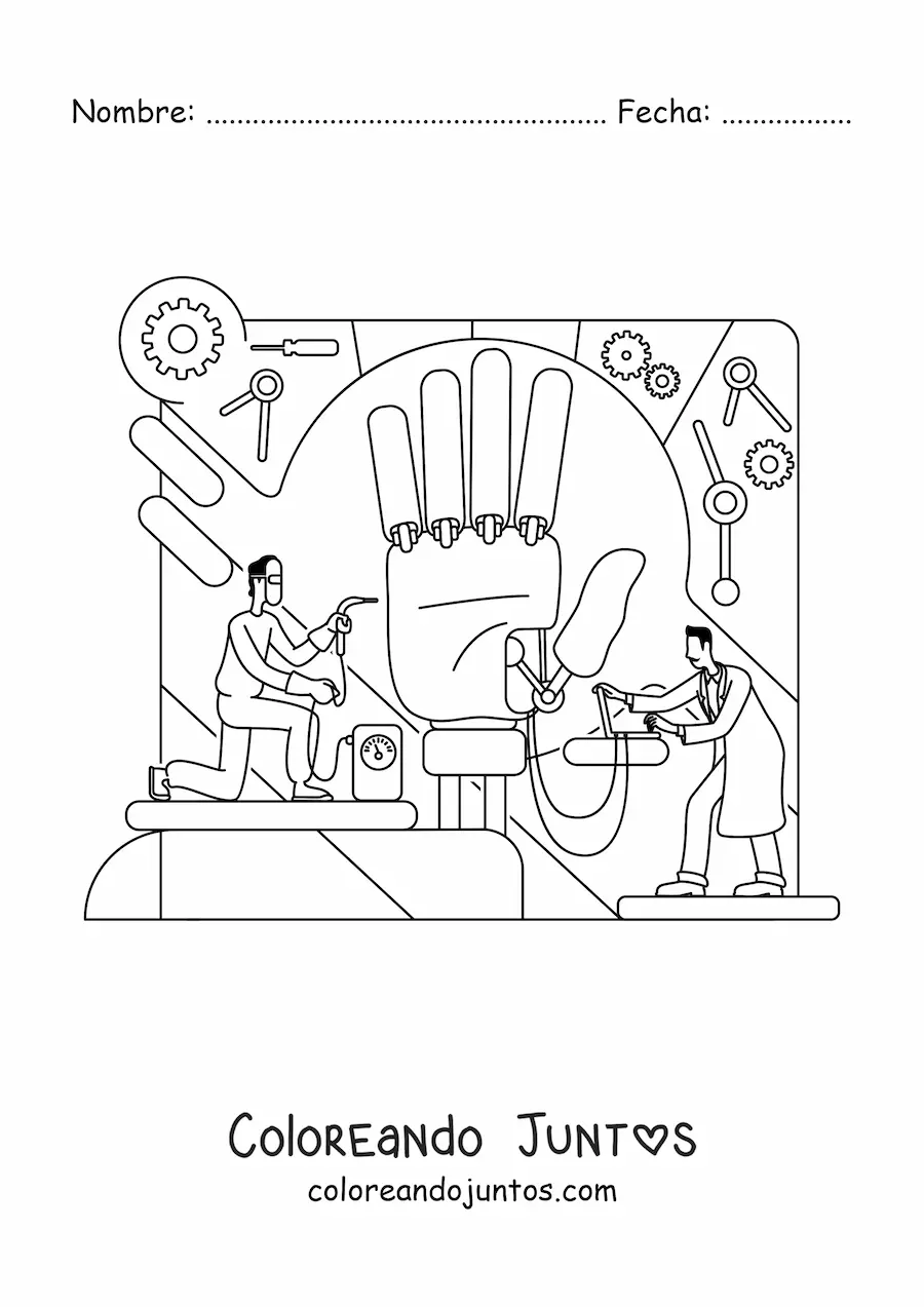 Imagen para colorear de ingenieros construyendo una mano biónica gigante