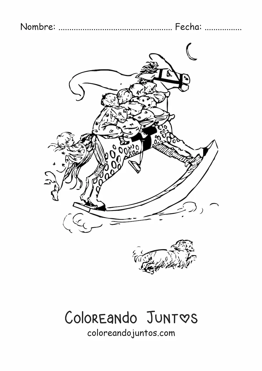 Imagen para colorear de cinco niños pequeños sobre un balancín grande con forma de caballo