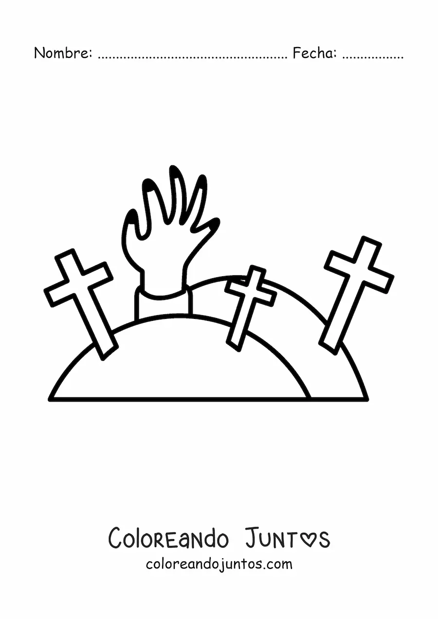 Imagen para colorear de halloween de una mano zombie en un cementerio