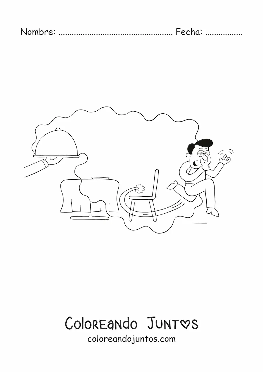 Imagen para colorear de un hombre huyendo del restaurant por el olor desagradable de su plato