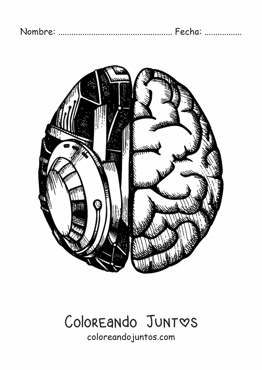 Imagen para colorear de un cerebro con partes robóticas visto desde arriba
