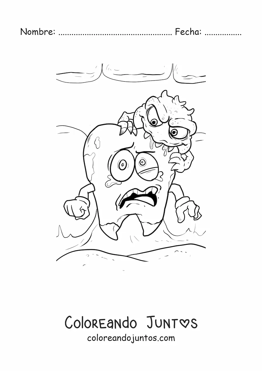 Imagen para colorear de un diente animado asustado porque tiene caries