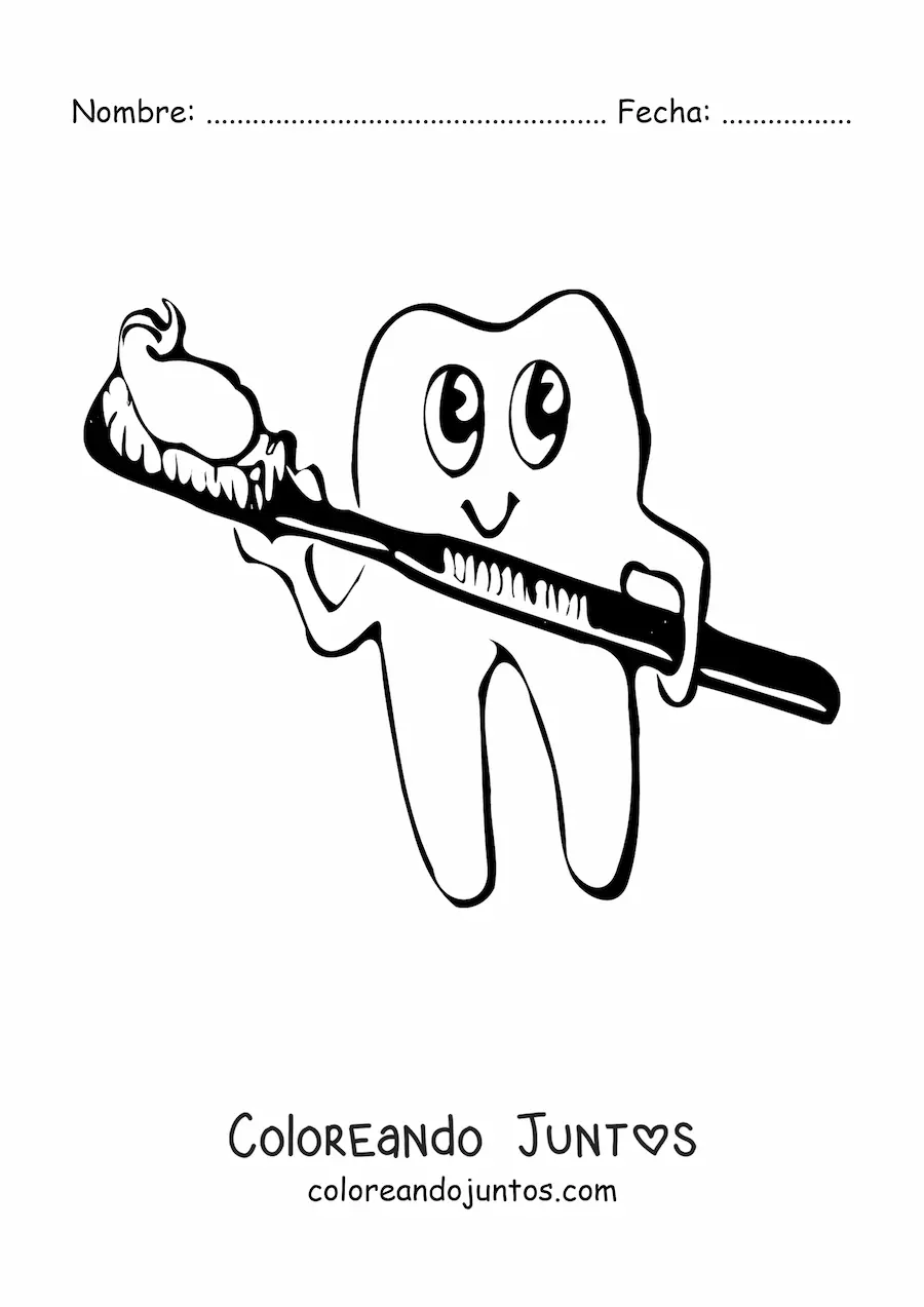 Imagen para colorear de un diente animado sonriendo sosteniendo un cepillo con crema dental