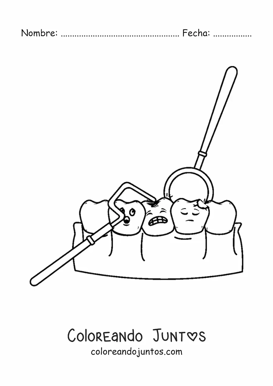 Imagen para colorear de dientes animados con caries con instrumentos de odontología